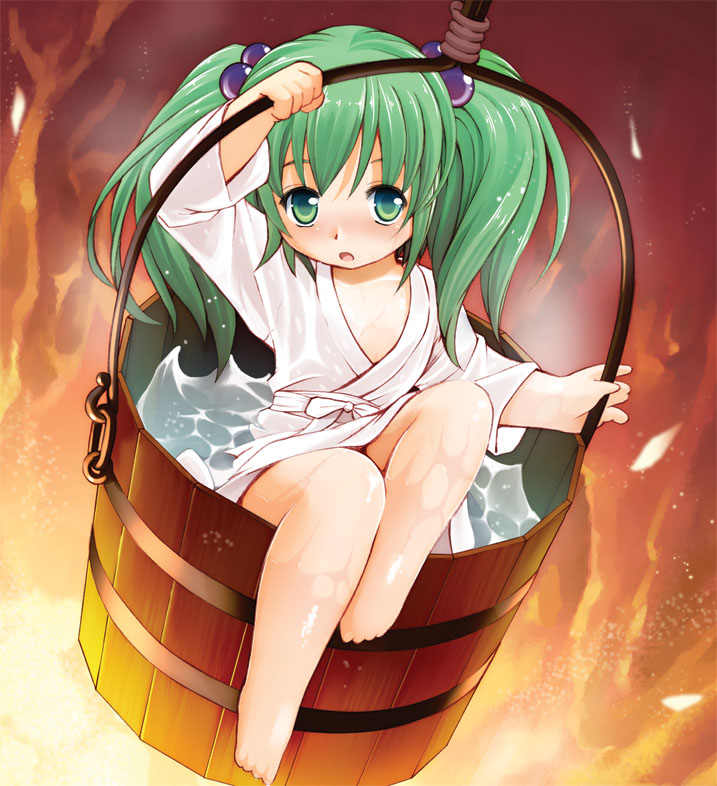 bare_legs barefoot blush bucket child flat_chest green_eyes green_hair hair_bobbles hair_ornament in_bucket in_container japanese_clothes kimono kisume looking_at_viewer open_mouth seminoyu solo touhou twintails water wet wet_clothes wooden_bucket yukata