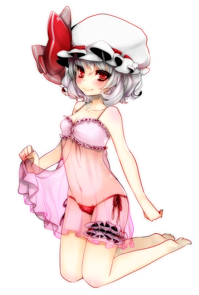 blush breasts cleavage collarbone garters hat hat_ribbon lingerie navel negligee patatata red_eyes remilia_scarlet ribbon see-through short_hair small_breasts smile solo touhou underwear white_background