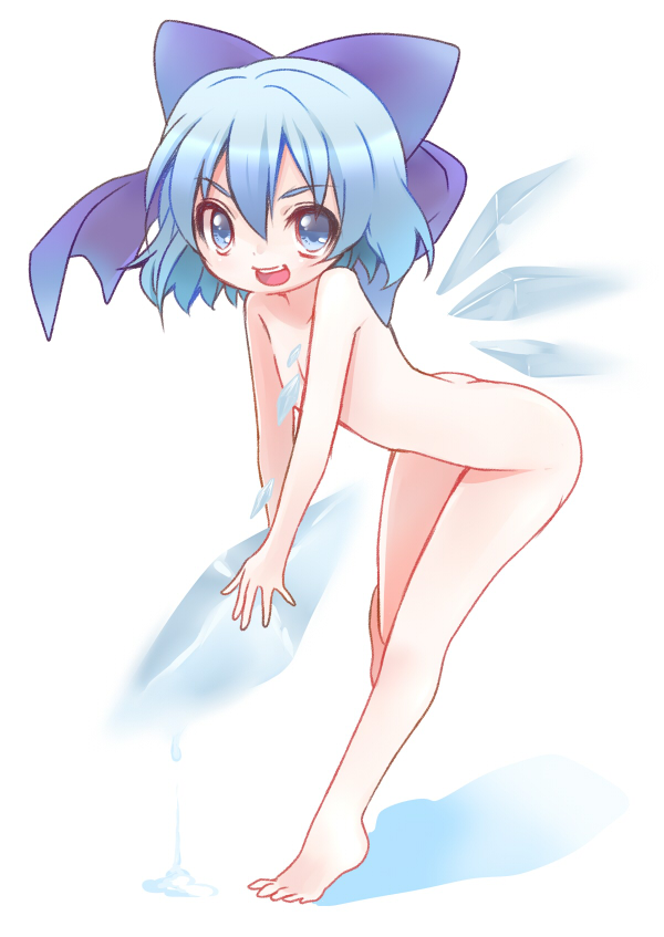 bad_id bad_pixiv_id barefoot blue_eyes blue_hair cirno collarbone dogdango ice ice_wings nude open_mouth short_hair solo touhou wings