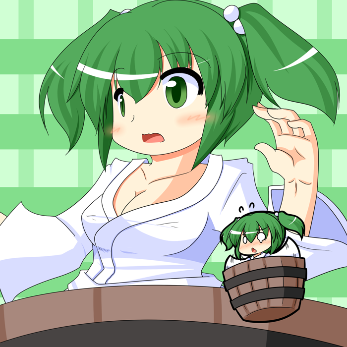 blush breasts bucket cleavage collarbone green_hair hair_bobbles hair_ornament in_bucket in_container kisume long_sleeves medium_breasts multiple_girls open_mouth touhou twintails urushi wide_sleeves wooden_bucket