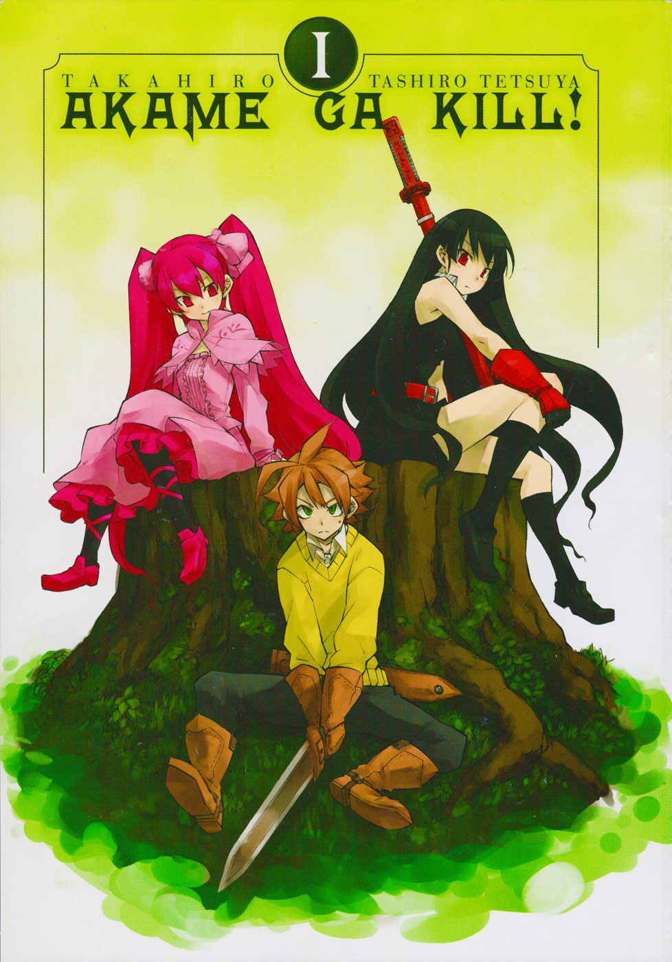 2girls ahoge akame akame_ga_kill! bare_shoulders black_hair black_legwear boots brown_hair capelet cover cover_page gloves green_eyes highres katana long_hair mine_(akame_ga_kill!) multiple_girls pantyhose pink_eyes pink_hair red_eyes scabbard sheath sheathed sitting socks sword tashiro_tetsuya tatsumi_(akame_ga_kill!) tree_stump twintails v-neck vambraces very_long_hair weapon