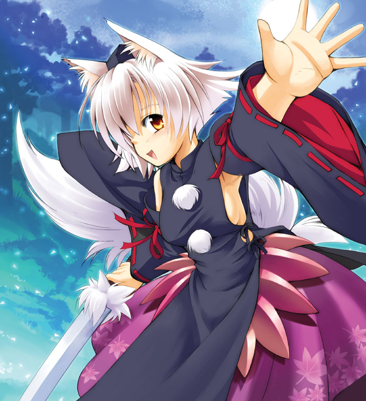 alternate_color animal_ears armpits breasts detached_sleeves floral_print full_moon hair_over_one_eye hat inubashiri_momiji looking_at_viewer medium_breasts moon night open_mouth outstretched_arm outstretched_hand seminoyu shirt short_hair sideboob silver_hair skirt sky smile solo sword tail tokin_hat touhou tree weapon wolf_ears wolf_tail yellow_eyes