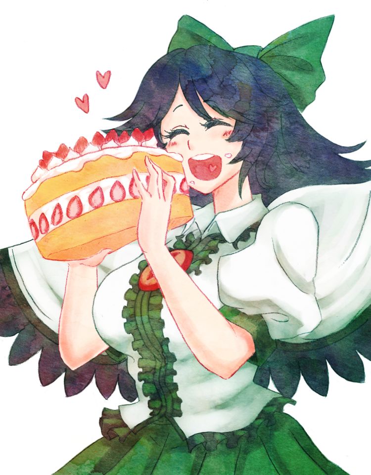 :d ^_^ bird_wings black_hair black_wings bow breasts cake cape closed_eyes food hair_bow happy heart heart_in_mouth large_breasts long_hair open_mouth puffy_sleeves reiuji_utsuho short_sleeves smile solo terrajin third_eye touhou wings