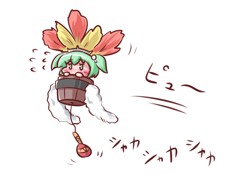 blush bucket feathers green_eyes green_hair hair_bobbles hair_ornament in_bucket in_container instrument kisume maitora maracas short_hair solo touhou twintails white_background