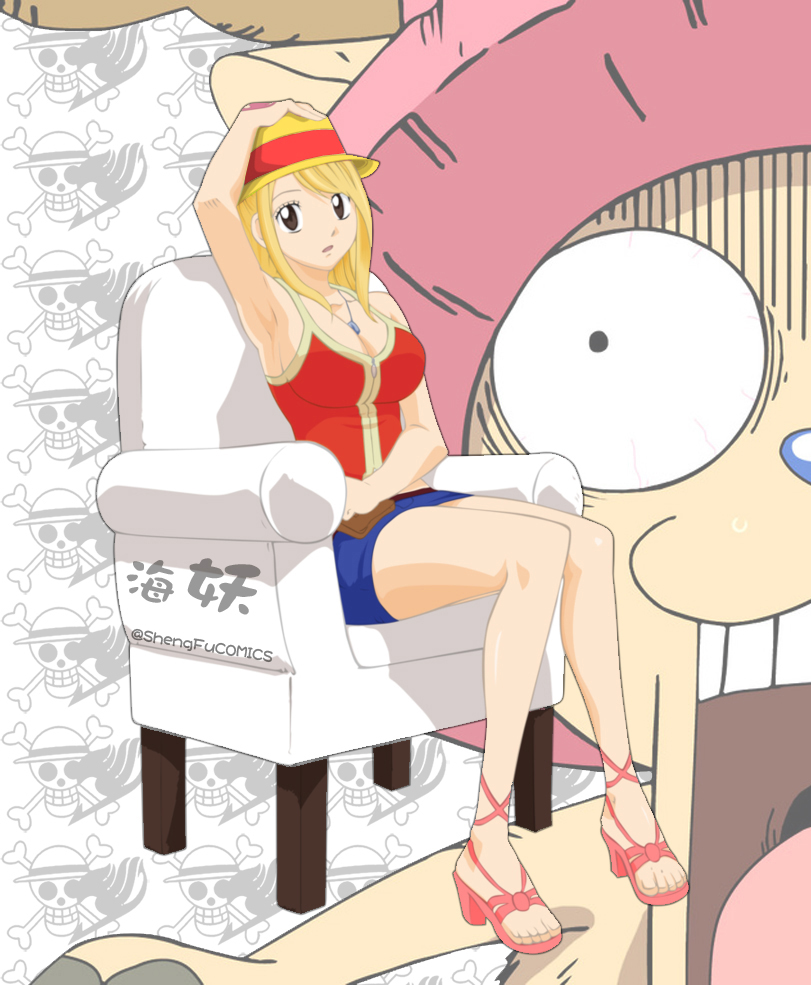 chair cosplay crossover fairy_tail hat jolly_roger lucy_heartfilia monkey_d_luffy monkey_d_luffy_(cosplay) one_piece reindeer shengfucomics shorts sitting straw_hat tony_tony_chopper vest