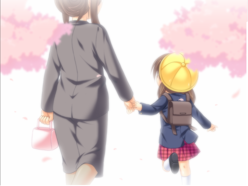 age_difference brown_hair cherry_blossoms game_cg hajimete_no_okaasan hat holding_hands mother_and_daughter multiple_girls nanika_modoki non-web_source school_hat school_uniform short_hair tree