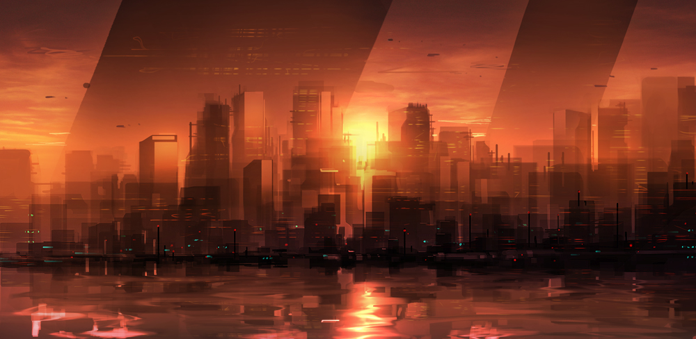 bad_pixiv_id banned_artist city no_humans original scenery science_fiction seafh sunset