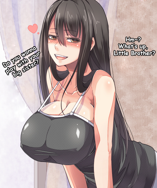 1girl bare_shoulders big_sister black_hair blush breasts brother camisole cleavage collarbone curtains hard_translated heart huge_breasts incest leaning_forward long_hair original siblings sister smile solo translated window ygo
