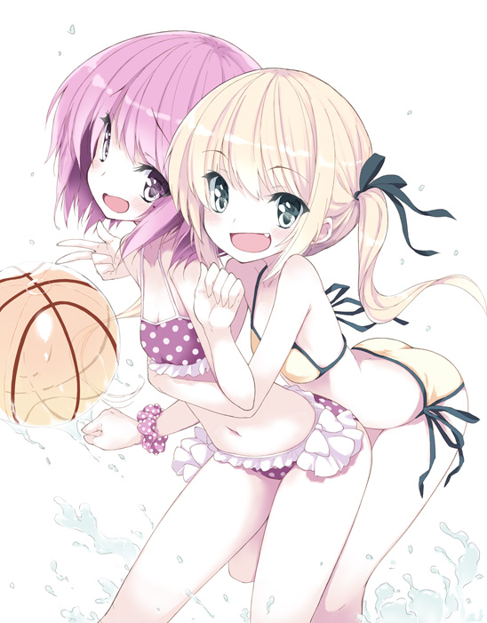 :d arched_back ball bare_shoulders beachball bikini blonde_hair breasts cleavage fang frilled_bikini frills green_eyes hug hug_from_behind long_hair minato_tomoka misawa_maho mole multiple_girls naporu navel open_mouth pink_eyes pink_hair polka_dot polka_dot_bikini polka_dot_swimsuit purple_bikini rou-kyuu-bu! short_hair side-tie_bikini small_breasts smile string_bikini swimsuit twintails water yellow_bikini