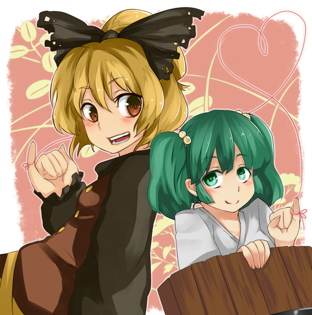 bifrst blonde_hair blush bow brown_eyes bucket green_eyes green_hair hair_bobbles hair_bow hair_ornament in_bucket in_container kisume kurodani_yamame long_sleeves multiple_girls open_mouth ponytail red_string short_hair smile string touhou twintails wooden_bucket