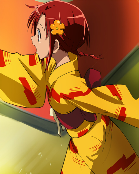 haruyama_kazunori hino_akane_(smile_precure!) japanese_clothes kimono precure red_eyes red_hair short_hair smile_precure! solo yellow_kimono yukata