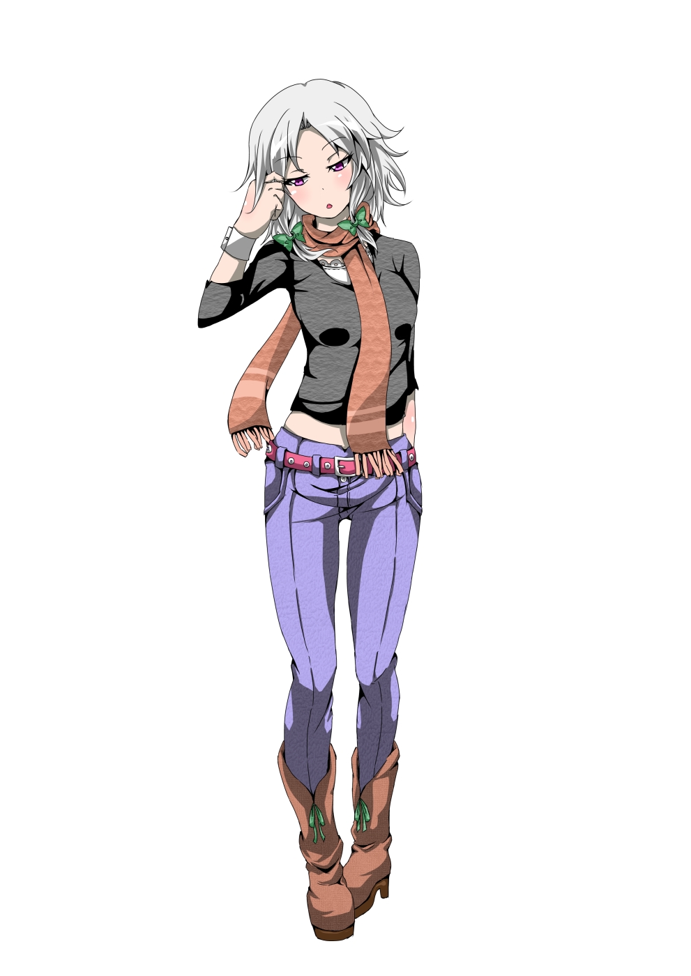 alternate_costume belt boots casual contemporary denim full_body highres izayoi_sakuya jeans naodx pants pink_eyes ribbon scarf shirt short_hair silver_hair simple_background solo touhou white_background wrist_cuffs
