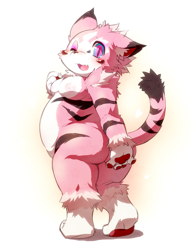 breasts butt chubby cotora feli_cith feline female fur inverted_nipples looking_at_viewer mammal nipples one_eye_closed open_mouth pink pink_eyes pink_fur smile solo standing striped_fur tiger wink