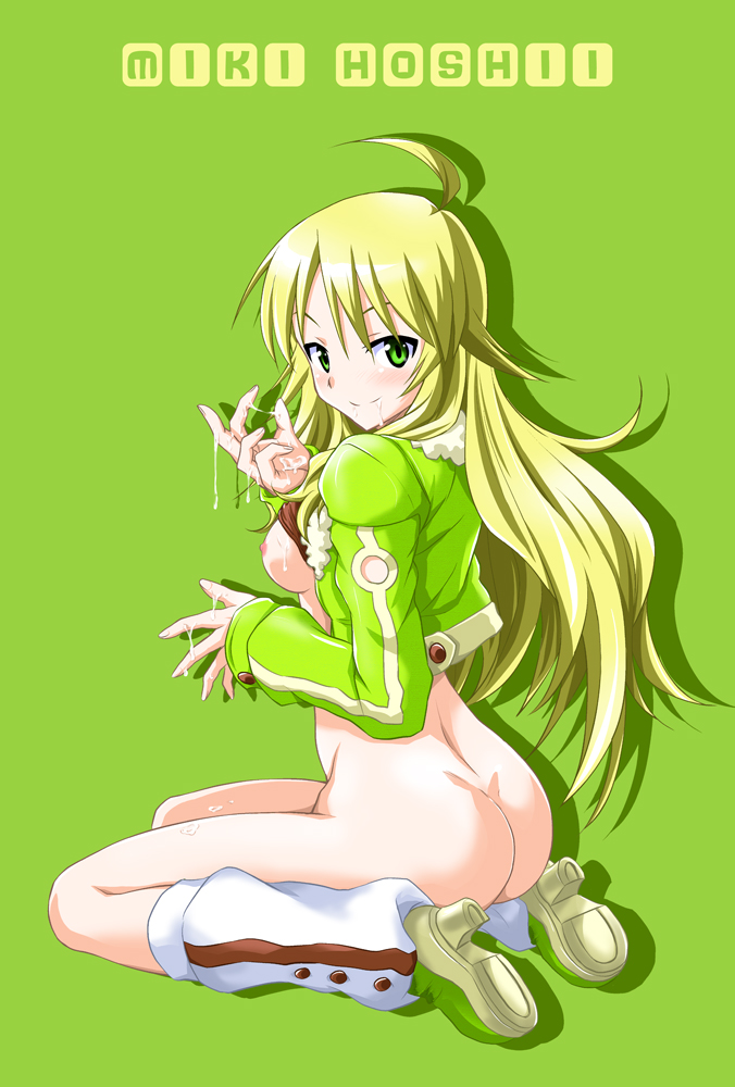 ahoge ass blonde_hair blush bottomless breasts character_name cropped_jacket cum fur_trim green_background green_eyes high_heels hoshii_miki idolmaster idolmaster_(classic) leg_warmers long_hair looking_at_viewer masamurai nipples pink_diamond_765 shirt_lift shoes small_breasts smile solo