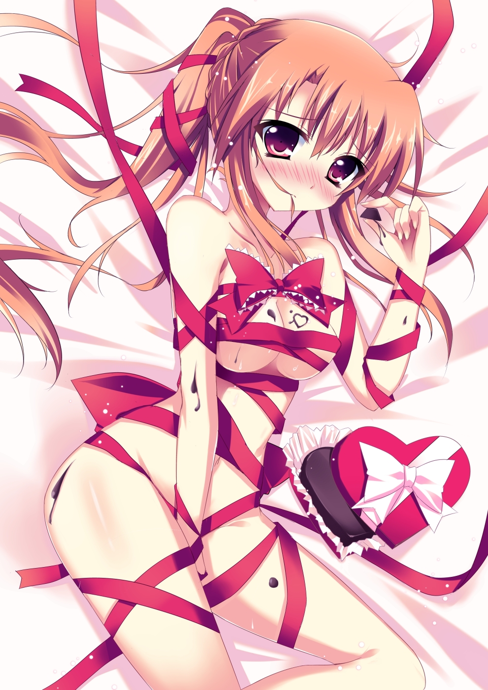 blush bow breasts chocolate hair_in_mouth heart highres large_breasts long_hair looking_at_viewer naked_ribbon orange_hair original raiou red_eyes ribbon solo twintails valentine