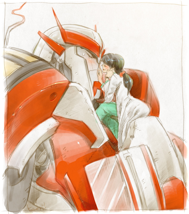 1girl autobot bad_id bad_pixiv_id blush closed_eyes june_darby kotteri labcoat long_hair ponytail ratchet robot size_difference transformers transformers_prime