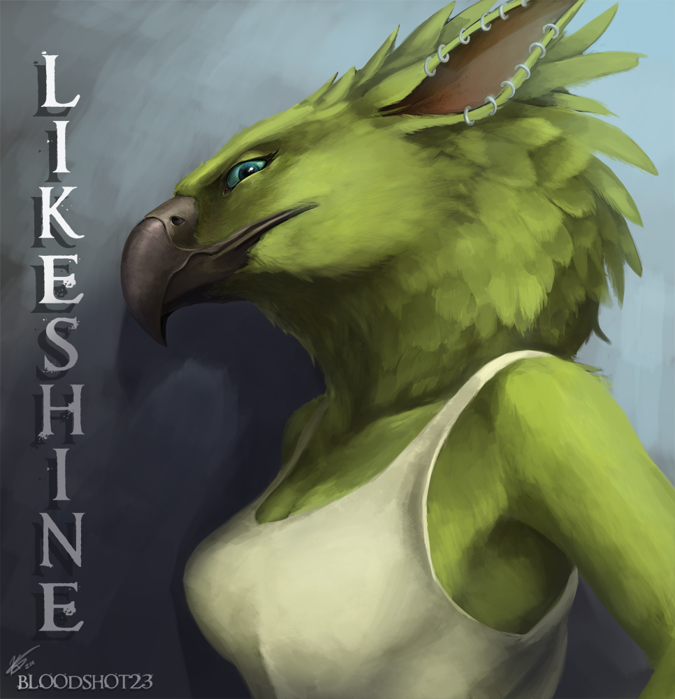 anthro avian badge beak bloodshot23 blue_eyes clothed clothing detailed ear_piercing feather_hair female green green_feathers likeshine piercing portrait pose side_view solo