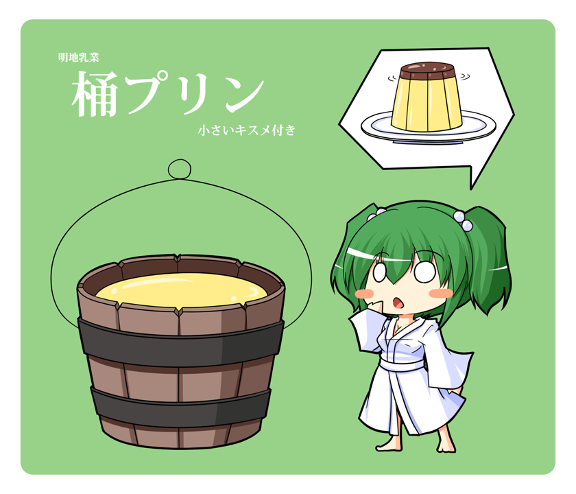blush_stickers breasts bucket cleavage food green_hair hair_bobbles hair_ornament kisume long_sleeves medium_breasts open_mouth plate pudding short_hair solo standing touhou translation_request twintails urushi wide_sleeves wooden_bucket