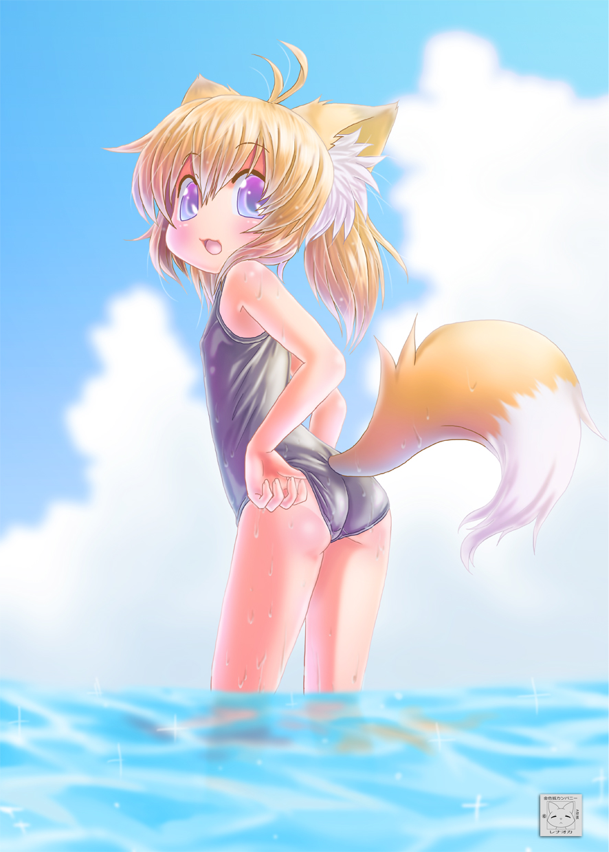 adjusting_clothes adjusting_swimsuit animal_ears ass blonde_hair brown_hair cloud day fox_ears fox_tail from_behind highres looking_back one-piece_swimsuit original purple_eyes renaoka school_swimsuit short_hair sky solo swimsuit tail tail_through_clothes tan tanline twintails wading water