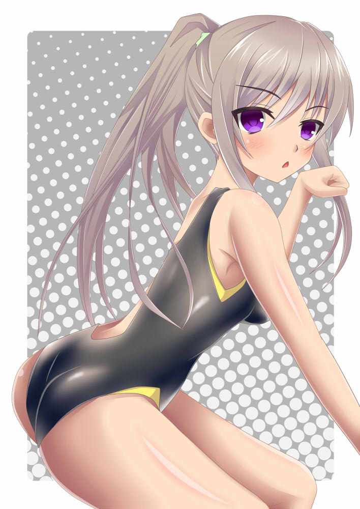 ass bad_id bad_pixiv_id ginsen long_hair one-piece_swimsuit original paw_pose ponytail purple_eyes silver_hair solo swimsuit