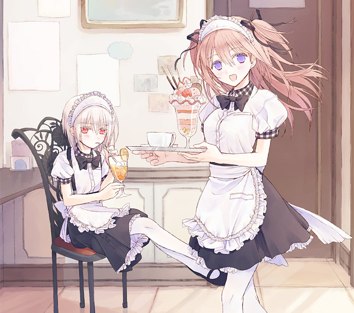 :d apron brown_hair chair cup drinking drinking_straw hair_ribbon holding itsuki_(s2_129) long_hair looking_at_viewer maid maid_headdress multiple_girls open_mouth original pantyhose purple_eyes red_eyes ribbon short_hair silver_hair sitting smile teacup waist_apron