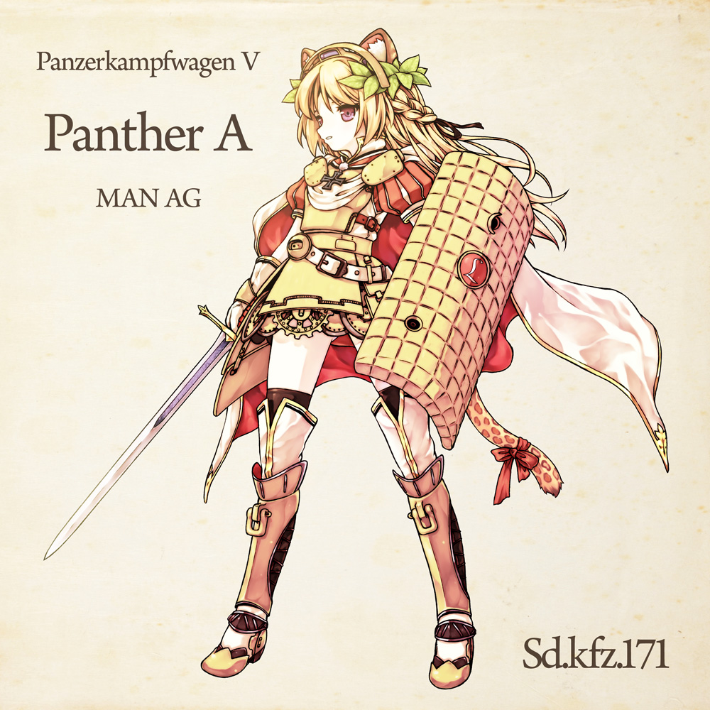 acea4 animal_ears armor cape commentary_request long_hair mecha_musume original panzerkampfwagen_panther_(personification) personification shield skirt solo sword tail weapon world_war_ii
