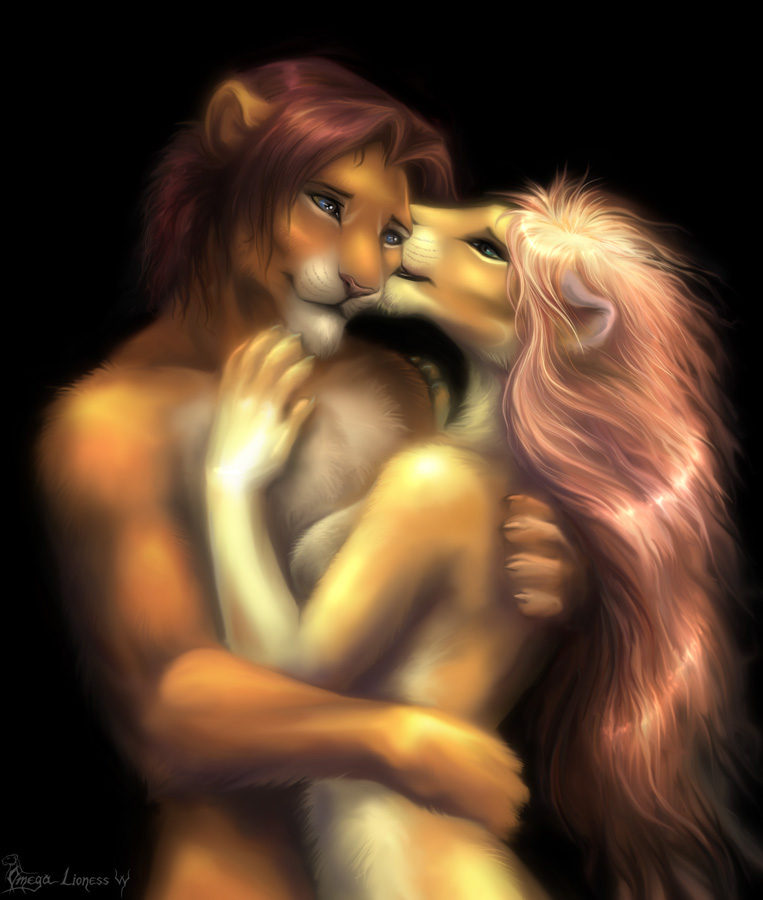 blue_eyes claws couple feline female fur green_eyes hug kissing lion male mammal nude omega_lioness orange_fur plain_background straight