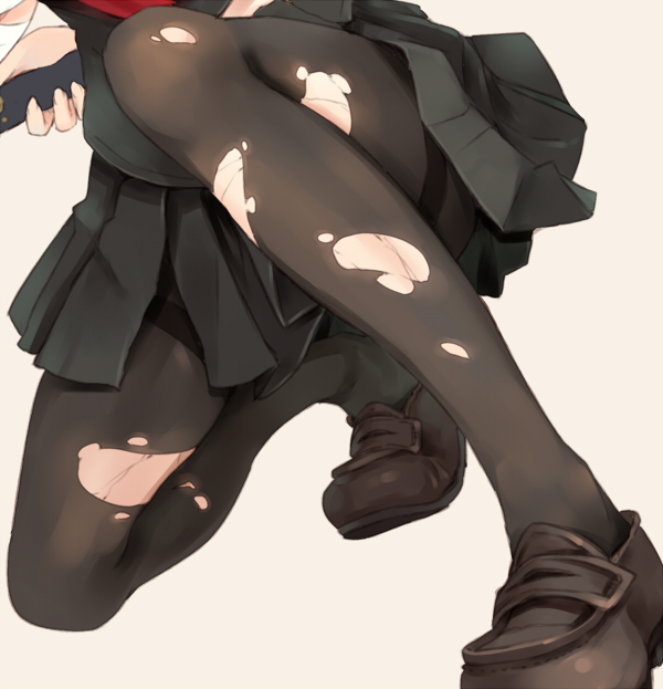 banned_artist black_legwear loafers one_knee original out_of_frame pantyhose paseri school_uniform shoes skirt solo torn_clothes torn_legwear white_background