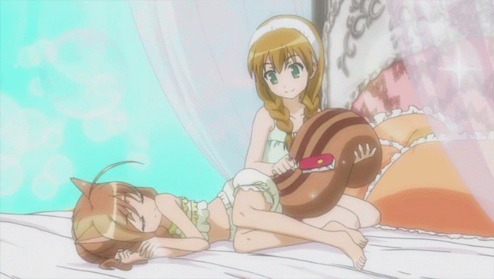 2girls animal_ears animated animated_gif barefoot bed brown_hair brush dog_days feet green_eyes kuberu_e_pastillage multiple_girls pillow rebecca_anderson tail toes
