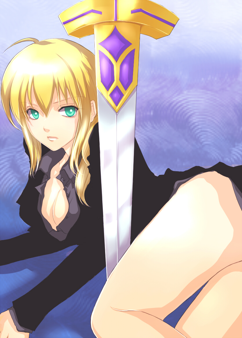 ahoge artoria_pendragon_(all) ass blonde_hair breasts cleavage dress_shirt fate/zero fate_(series) green_eyes jacket medium_breasts naomi8136 planted_sword planted_weapon ponytail saber shirt solo sword weapon