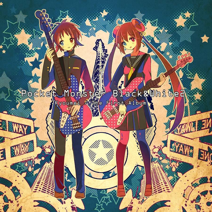 1girl ahoge album_cover alternate_costume alternate_eye_color ascot bass_guitar blue_eyes brown_hair building character_name copyright_name cover double_bun english guitar hair_between_eyes halftone head_tilt heterochromia holding instrument kyouhei_(pokemon) loafers long_hair long_sleeves mei_(pokemon) miniskirt no_hat no_headwear number outline pants pantyhose parted_lips pleated_skirt pokemon pokemon_(game) pokemon_bw2 polka_dot red_eyes school_uniform sekimo serafuku shoes sign skirt skyscraper star tongue tongue_out very_long_hair
