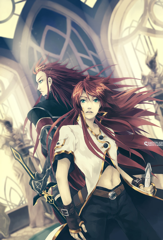 asch bad_id bad_pixiv_id coat fingerless_gloves gloves green_eyes long_hair luke_fon_fabre male_focus multiple_boys pants red_hair sairin surcoat sword tales_of_(series) tales_of_the_abyss weapon