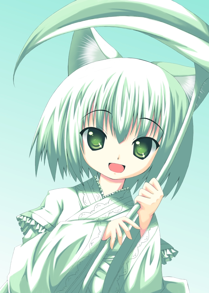 animal_ears cat_ears green_eyes green_hair looking_at_viewer open_mouth original short_hair smile solo sumikaze