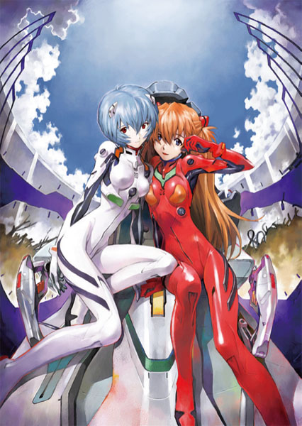 :d arm_behind_back arm_support armpits asymmetrical_docking ayanami_rei bangs blue_eyes blue_hair bodysuit bracer breast_press breasts cloud cockpit full_body gloves hair_between_eyes hair_ornament hand_on_own_face leaning leaning_forward light_smile long_hair multiple_girls neon_genesis_evangelion number official_art open_mouth orange_hair pale_skin pilot_suit plugsuit red_eyes sadamoto_yoshiyuki shiny shiny_clothes short_hair sitting skinny sky small_breasts smile souryuu_asuka_langley sun turtleneck two_side_up white_bodysuit