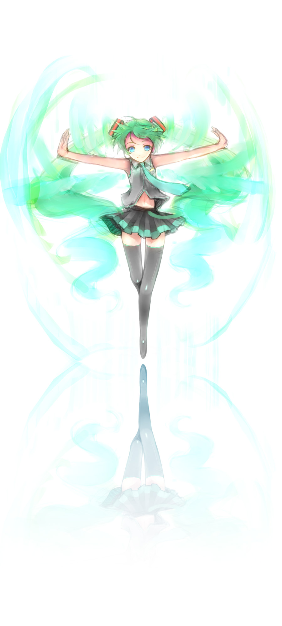 hara_takehito hatsune_miku highres long_hair outstretched_arms smile solo thighhighs vocaloid