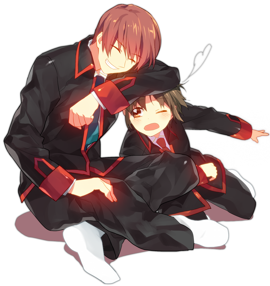 brown_eyes brown_hair closed_eyes full_body indian_style little_busters! male_focus multiple_boys naoe_riki natsume_kyousuke red_eyes school_uniform sennen_suisei sitting transparent_background