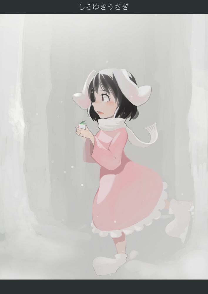 black_hair blush dress forest frilled_skirt frills inaba_tewi letterboxed long_sleeves nature nihimaru pink_dress red_eyes scarf shoes skirt snow snow_bunny solo text_focus touhou walking winter winter_clothes