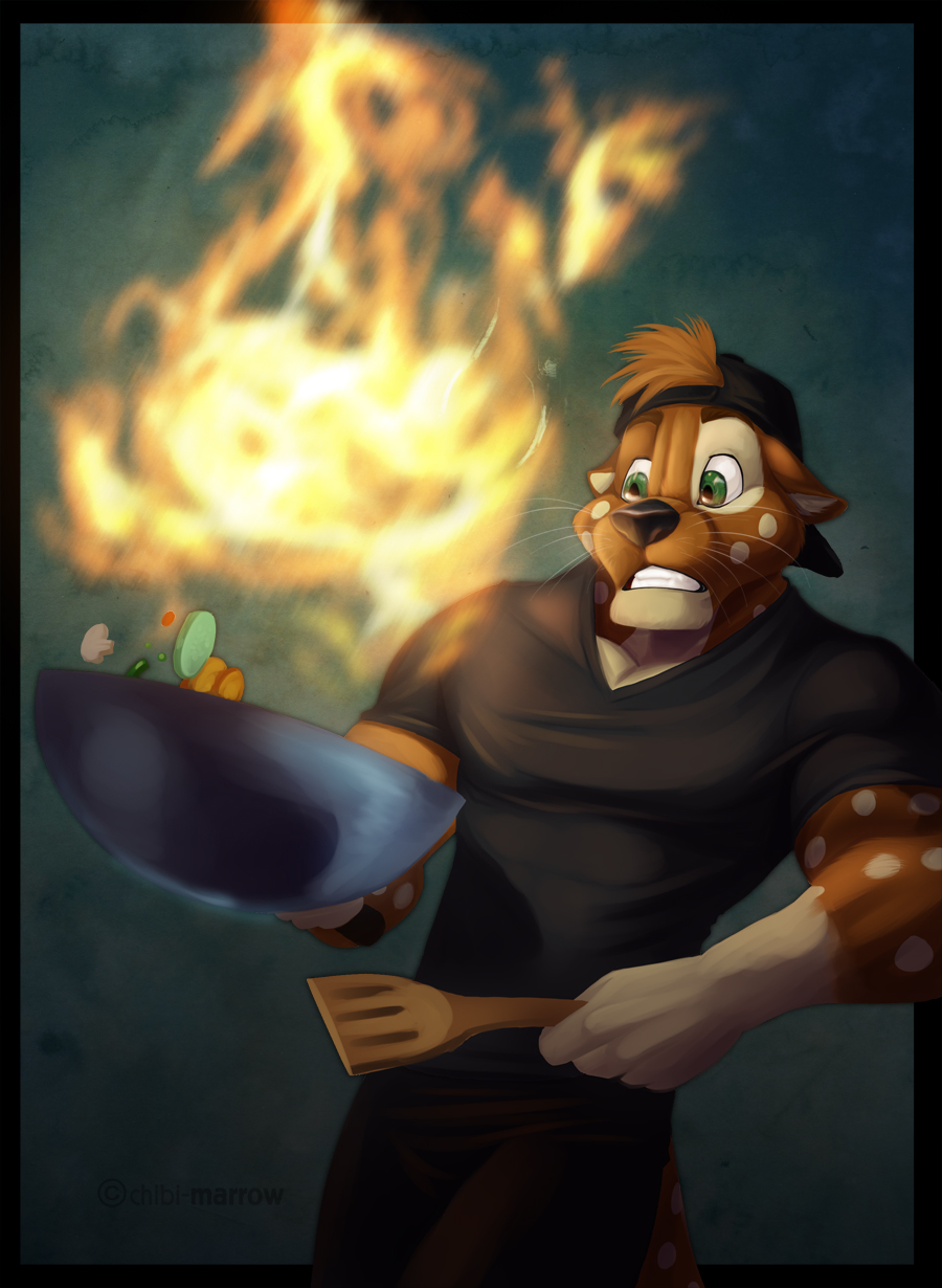 abstract_background chibi-marrow cooking fire fizz green_eyes male mustelid otter pan solo surprise