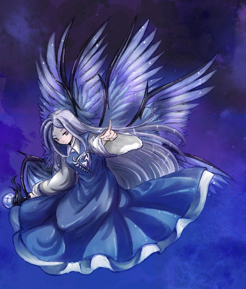 angel_wings blue blue_dress blue_hair dress long_hair multiple_wings muutzi sariel solo touhou touhou_(pc-98) very_long_hair wings