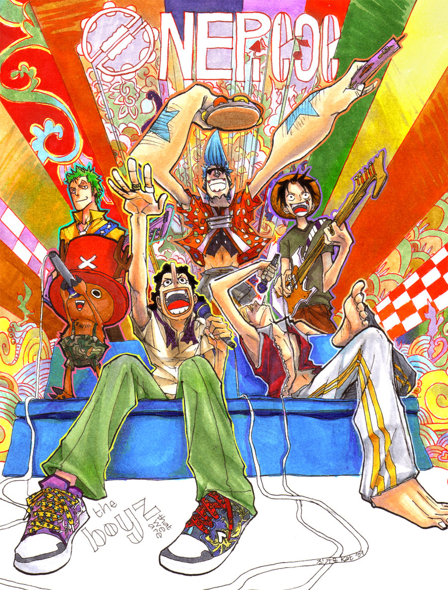 5boys barefoot black_hair blonde_hair blue_hair blue_upholstery copyright_name couch franky green_hair guitar hat instrument jewelry legs_crossed male male_focus marker_(medium) microphone monkey_d_luffy multiple_boys one_piece reindeer ring roronoa_zoro sanji sitting smile standing straw_hat tambourine title_drop tony_tony_chopper traditional_media usopp