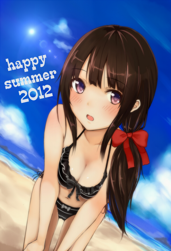 2012 96tuki bad_id bad_pixiv_id bare_shoulders beach bikini black_bikini blush bow breasts brown_hair cleavage collarbone dutch_angle front-tie_top hair_bow hair_over_shoulder halterneck hands_on_own_knees leaning_forward long_hair looking_at_viewer medium_breasts navel open_mouth original purple_eyes side-tie_bikini solo swimsuit