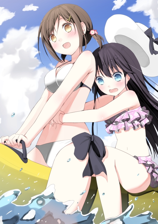 :d bad_id bad_pixiv_id banned_artist bikini black_hair blue_eyes blush bow brown_eyes cloud day hat long_hair mirai_(macharge) multiple_girls open_mouth original outdoors scared short_twintails sitting sky smile sun_hat swimsuit twintails water wavy_mouth