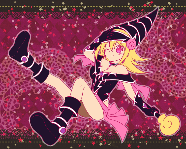 blonde_hair boots breasts cleavage duel_monster hat magi_magi_magician_gal red_eyes wand witch_hat yu-gi-oh! yuu-gi-ou_duel_monsters yuu-gi-ou_zexal
