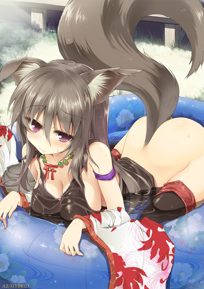 all_fours animal_ears ass bare_shoulders black_legwear blush bottomless breasts brown_hair cleavage detached_sleeves floral_print jewelry large_breasts long_hair necklace no_panties original partially_submerged purple_eyes see-through shirt solo tail thighhighs wading_pool water wet wet_clothes wet_shirt wide_sleeves won_(az_hybrid)