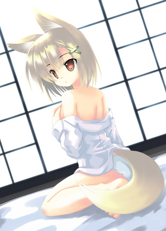 animal_ears covering covering_breasts fox_ears fox_tail original panties solo sumikaze tail underwear