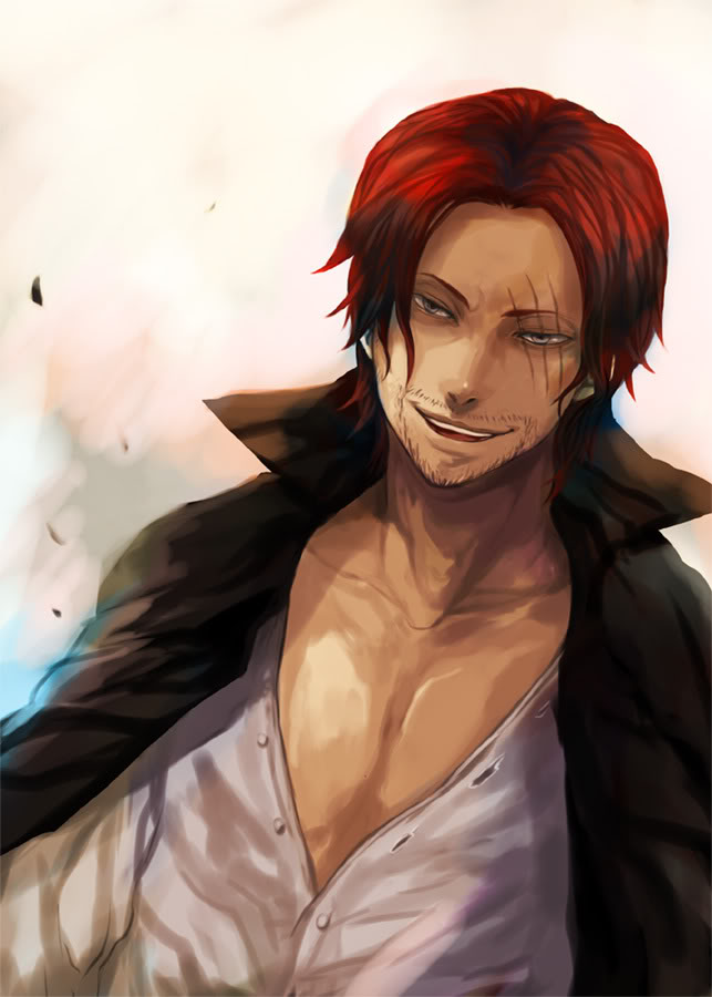 1boy jacket_on_shoulders looking_at_viewer male male_focus one_piece red_hair scar shanks shirt solo white_shirt