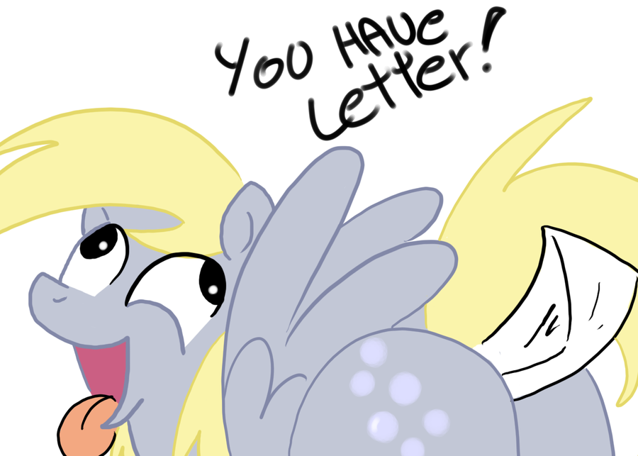 butt cutie_mark derpy_hooves_(mlp) english_text envelope equine female feral friendship_is_magic hair horse letter mammal my_little_pony pegasus plain_background pony solo text tongue tongue_out white_background wings