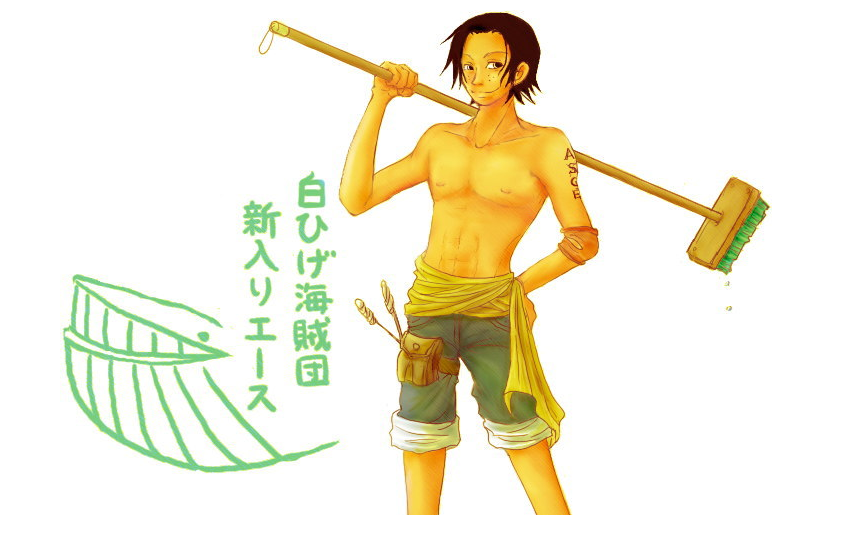1boy broom freckles hand_on_hip hips male male_focus one_piece portgas_d_ace sash shorts solo standing topless whale