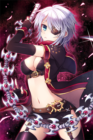 :o belt black_legwear blue_eyes breasts cleavage elbow_gloves eyepatch fingerless_gloves garters gloves holding iri_flina jacket looking_at_viewer lowres mauve medium_breasts midriff miniskirt navel open_clothes open_mouth resized short_hair silver_hair skirt solo sword sword_girls thighhighs weapon wrist_cuffs