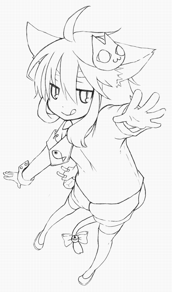 animal_ears bell cat cat_ears cat_tail copyright_request greyscale jingle_bell lineart looking_at_viewer monochrome shiropuni smile solo tail
